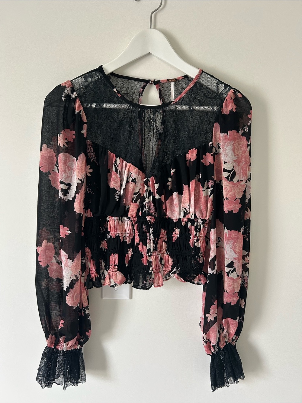 Womens Black Floral Lace Accent FREE PEOPLE Blouse - Pink Floral Cropped Top
